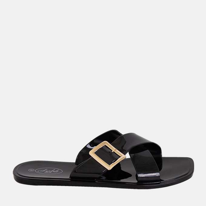 Mila Black Slides- Gold buckles