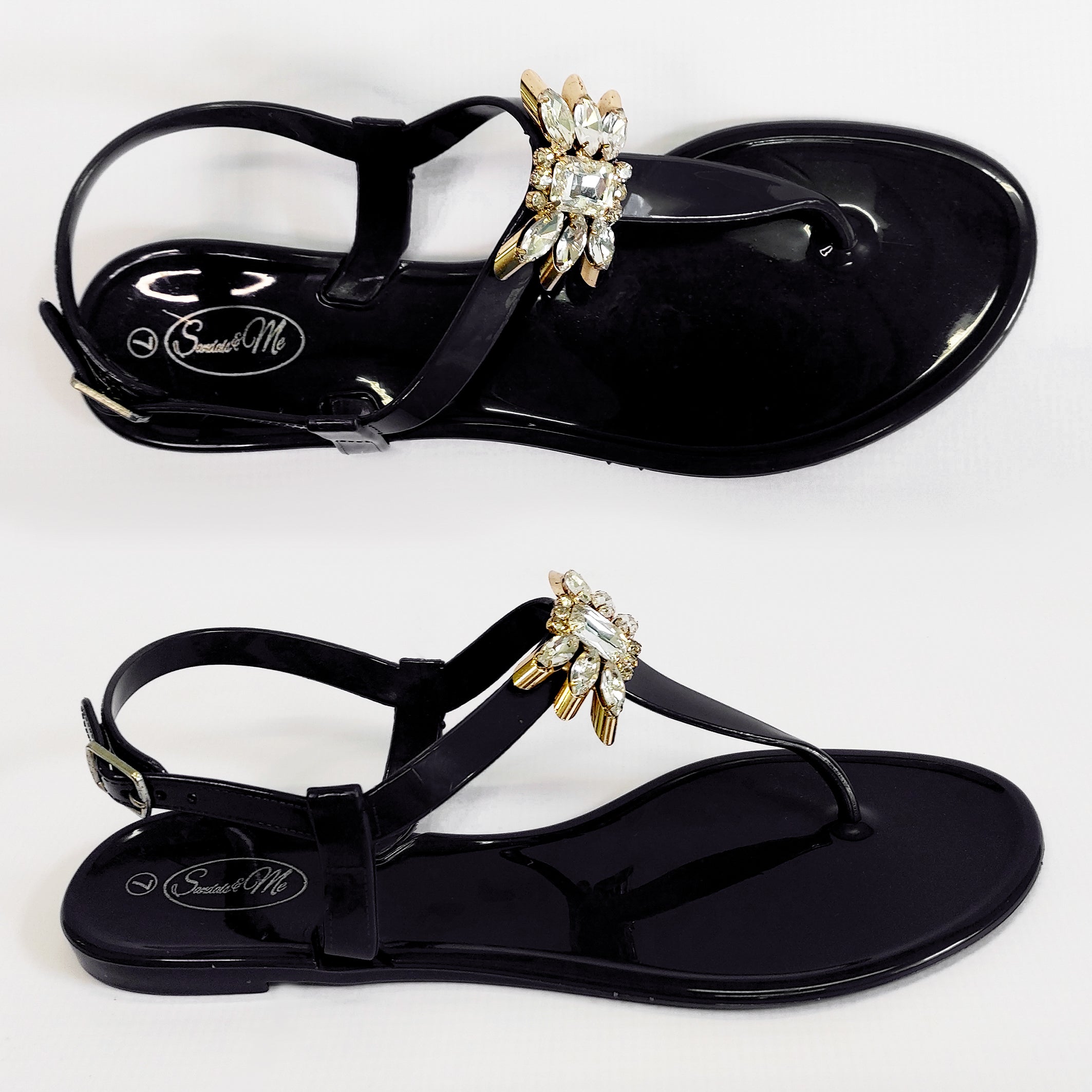 Glitter Bug Glossy Black Sandal- Diamond Stud