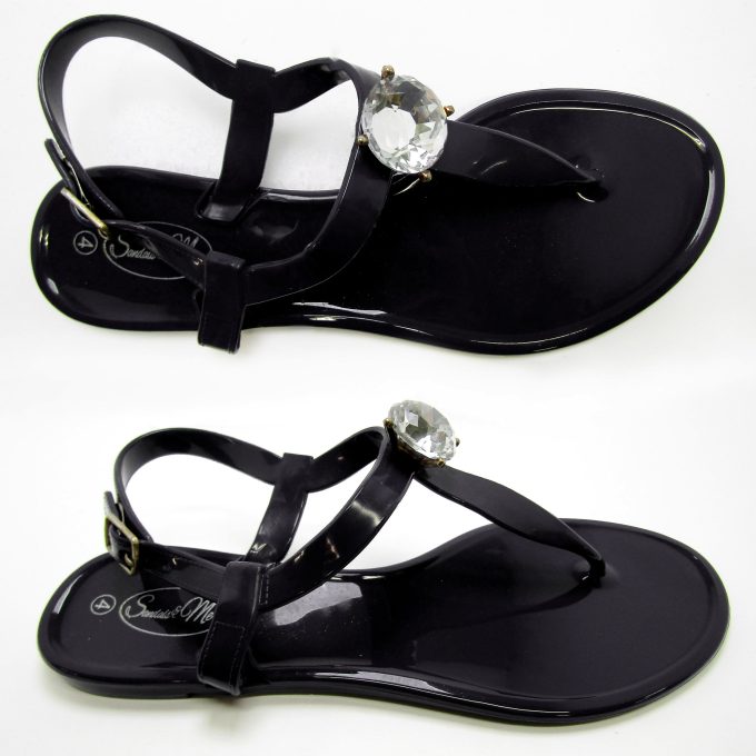Saint Claire Glossy Black Sandal- Diamanté Stud
