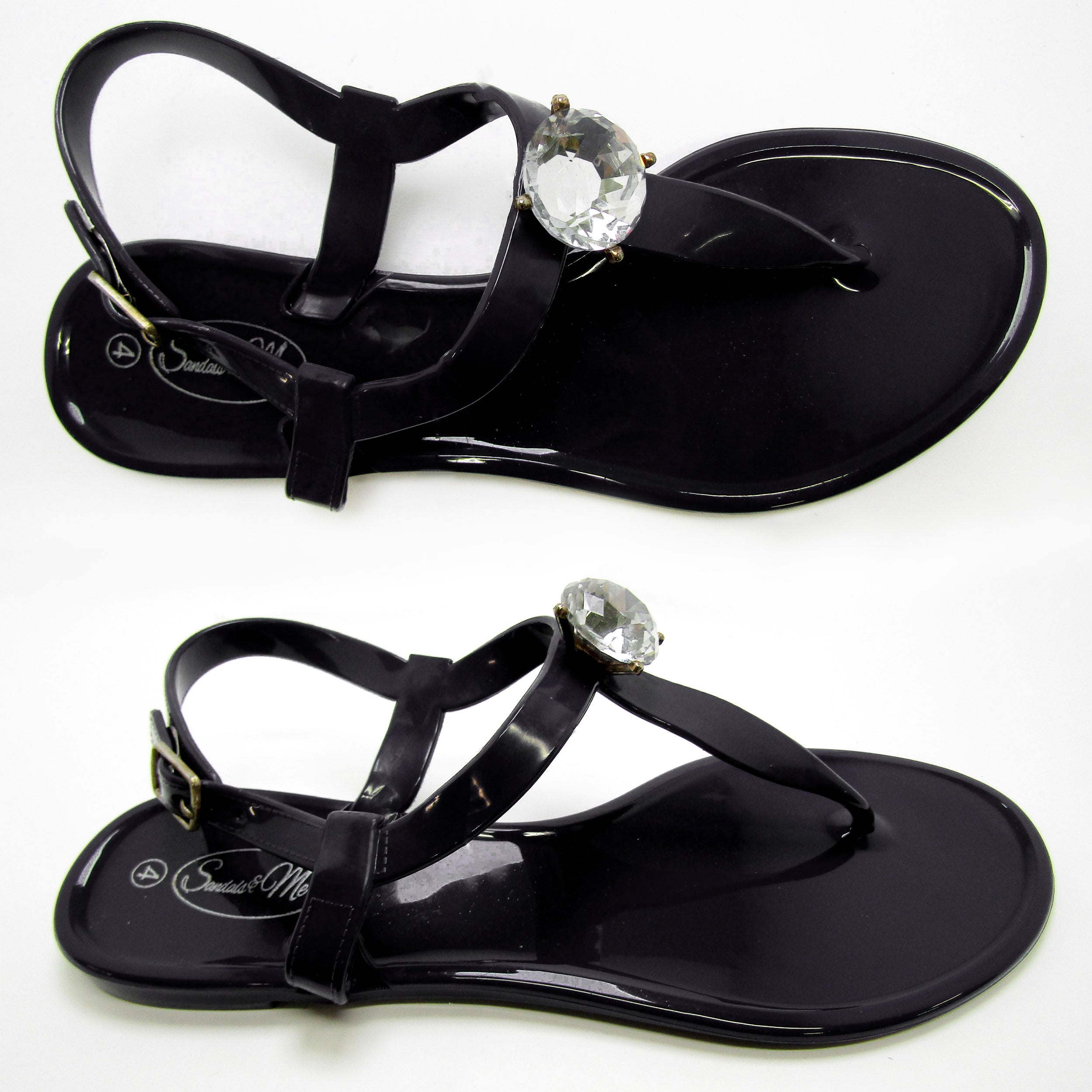 Saint Claire Glossy Black Sandal- Diamanté Stud