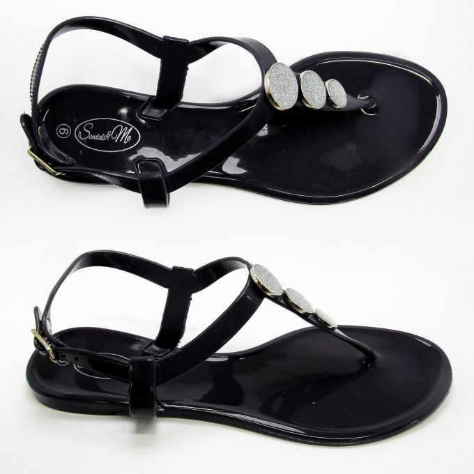 Robot Glossy Black Sandal- Glitter Studs
