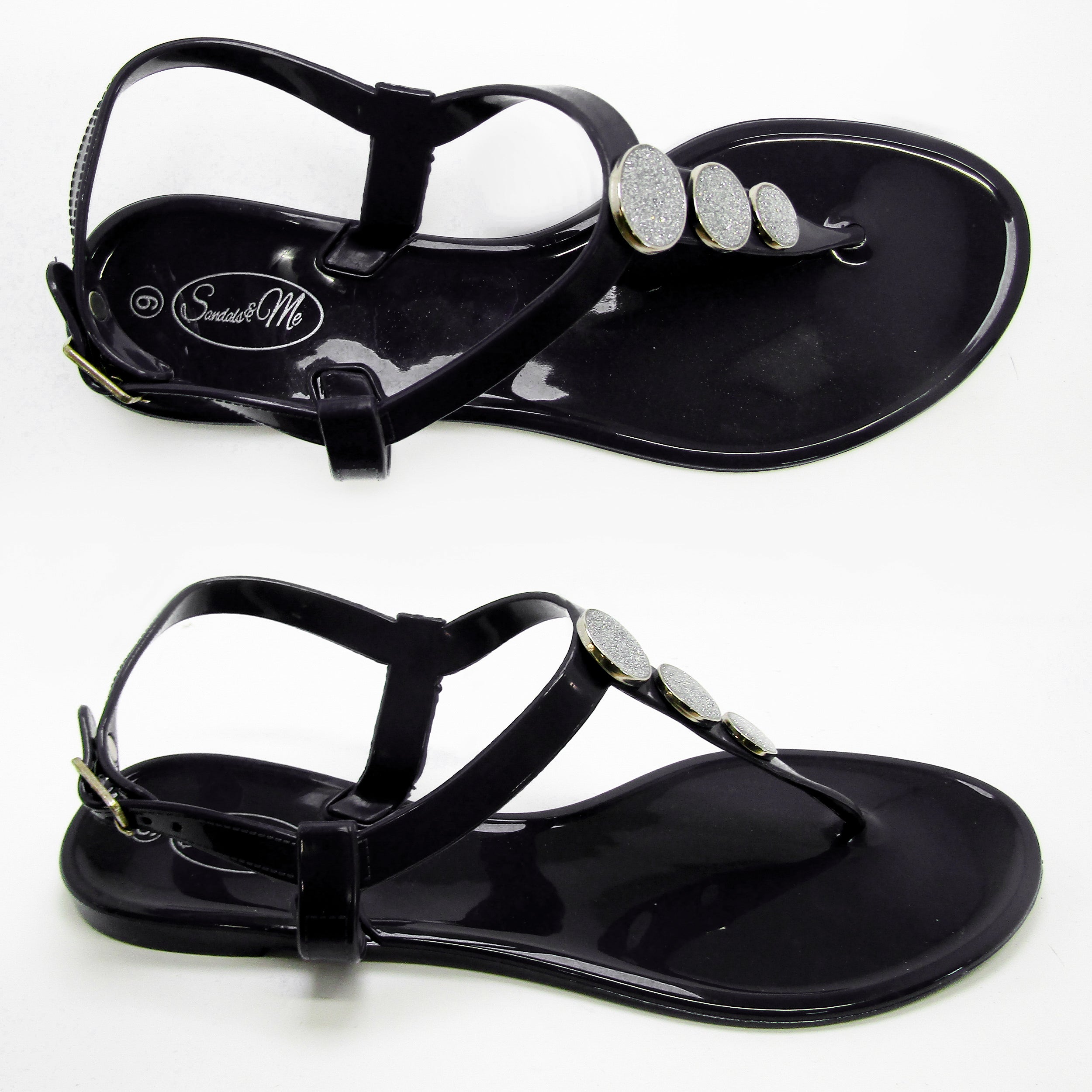 Robot Glossy Black Sandal- Glitter Studs