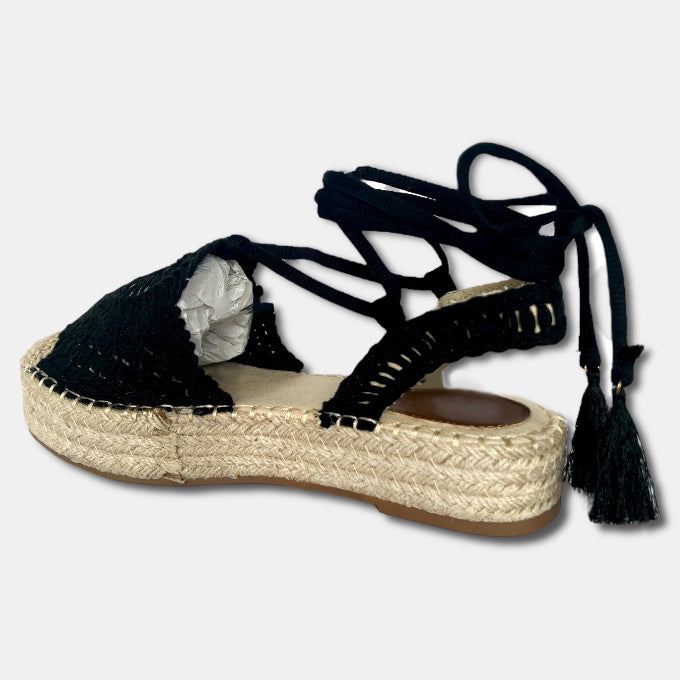 Wedge Lace Up Espadrilles- Black Macrame - Image 5