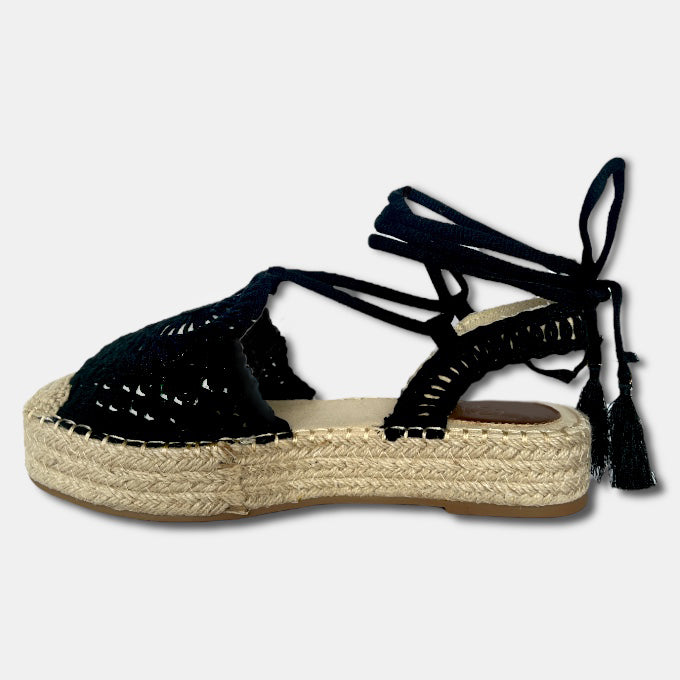 Wedge Lace Up Espadrilles- Black Macrame - Image 4