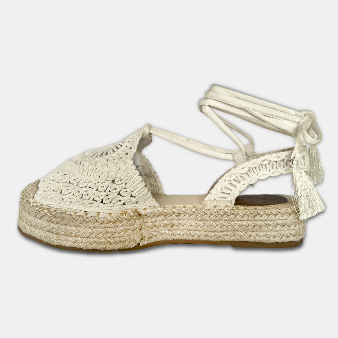 Wedge Lace Up Espadrilles- Cream Macrame - Image 4