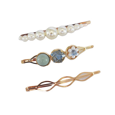 3-PIECE BLUE CRYSTAL & PEARL HAIR SLIDES