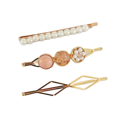 3-PIECE PINK CRYSTAL & PEARL HAIR SLIDES